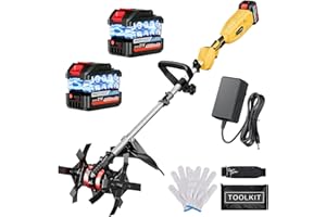 PROTMEX Cordless Tiller Cultivator, 21V 450RPM Electric Tiller with Battery Level Display, 2 * 4.0Ah Batteries & Charger, Tiller for Gardening, Lawn, Soil, 10In Tilling Width and 9In Depth