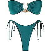 ZAFUL Metal Ring Bandeau Bikini Set Tie Side Bathing Suit High Cut 2 Piece Swimsuit Cutout Swimwear