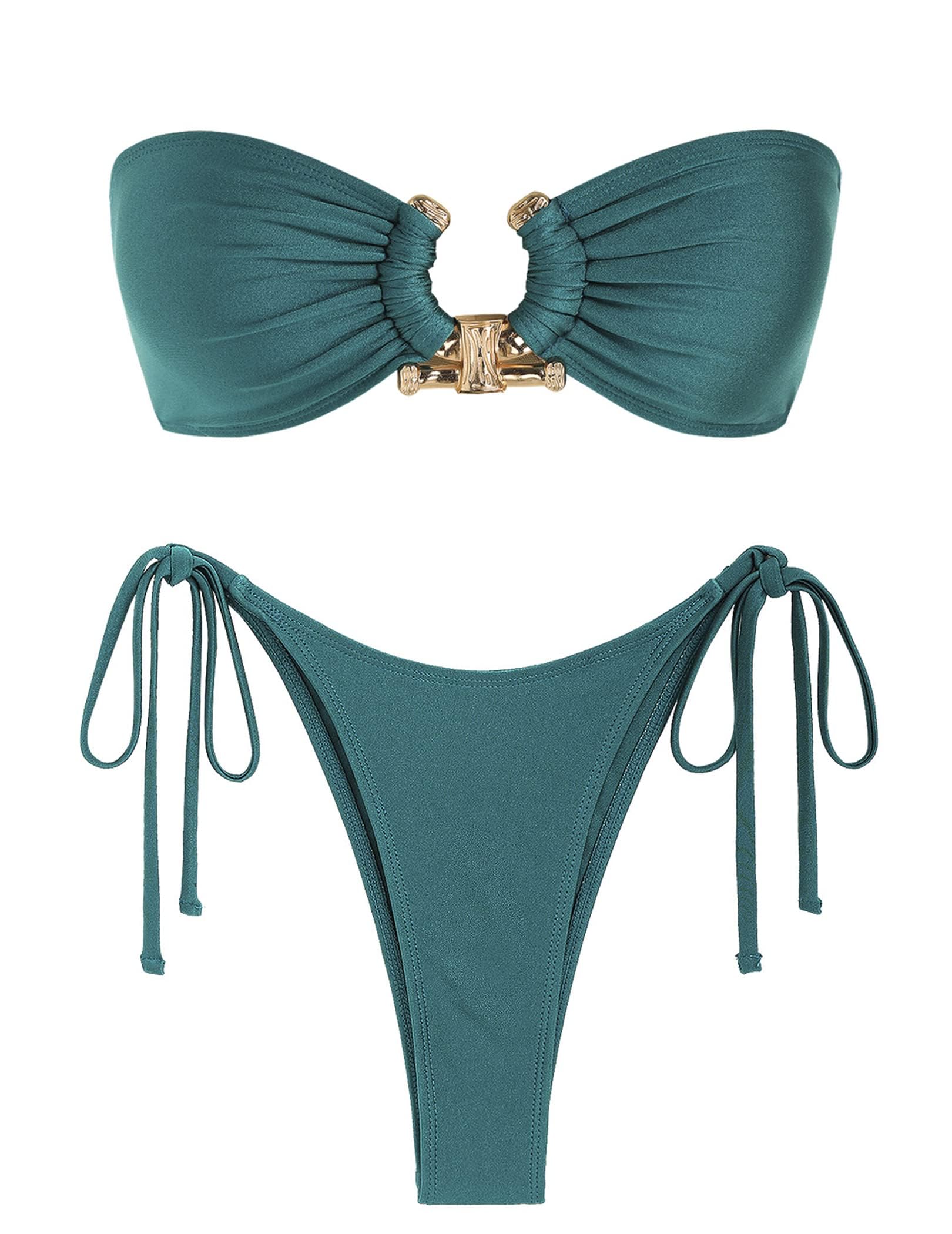 Photo 1 of ZAFUL Crinkle Bandeau Bikini Metal Hardware Ring Tie Side Shiny Bandeau Bikini Swimwear Green XS