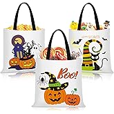 Yoojahow 3 Pcs 15.3" Large Halloween Tote Bags Reusable Halloween Canvas Treat Bags Pumpkin Ghost Castle Black Cat Tote Goodie Candy Bag for Trick or Treat Party Favors Supplies Gifts