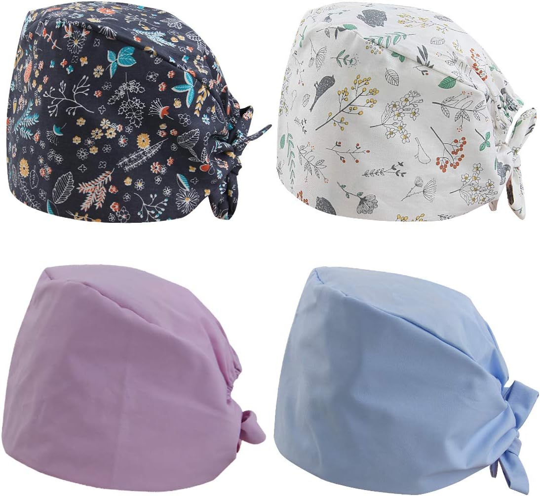 kilofly 4pc Women Men Adjustable Scrub Cap Sweatband Bouffant Hats Value Set