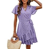 Naggoo Women's Summer Wrap Dresses V Neck Polka Dot Print Ruffle Short Sleeve Mini Floral Boho Dress with Belt