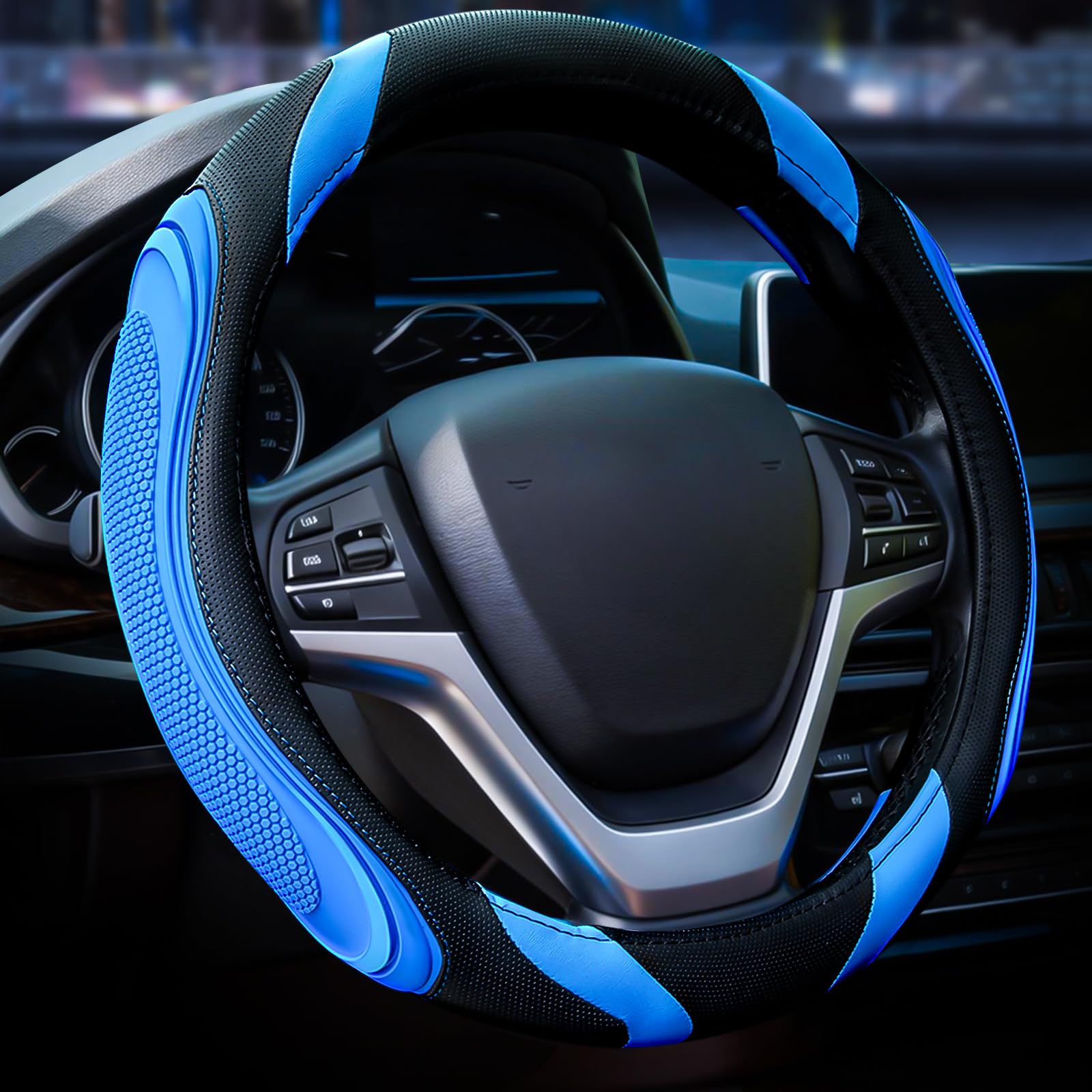 Steering Wheel Cover - Car Wheel Cover Leather, Sportage Universal Size M 37-38cm /14.5-15inch, Anti-slip, Breathable, Blue