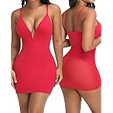 SHAPERIN Women's Deep V Neck Mini Dress Built-in Shapewear Slip Tummy Control Bodycon Night Out Party Short Dresses