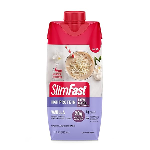SLIMFAST PROTEIN SHAKE, VANILLA- 20G PROTEIN, MEAL REPLACEMENT SHAKE READY TO DRINK, HIGH PROTEIN WITH LOW CARB AND LOW SUGAR, 24 VITAMINS AND MINERALS, 12 COUNT (PACK OF 1) (PACKAGING MAY VARY)