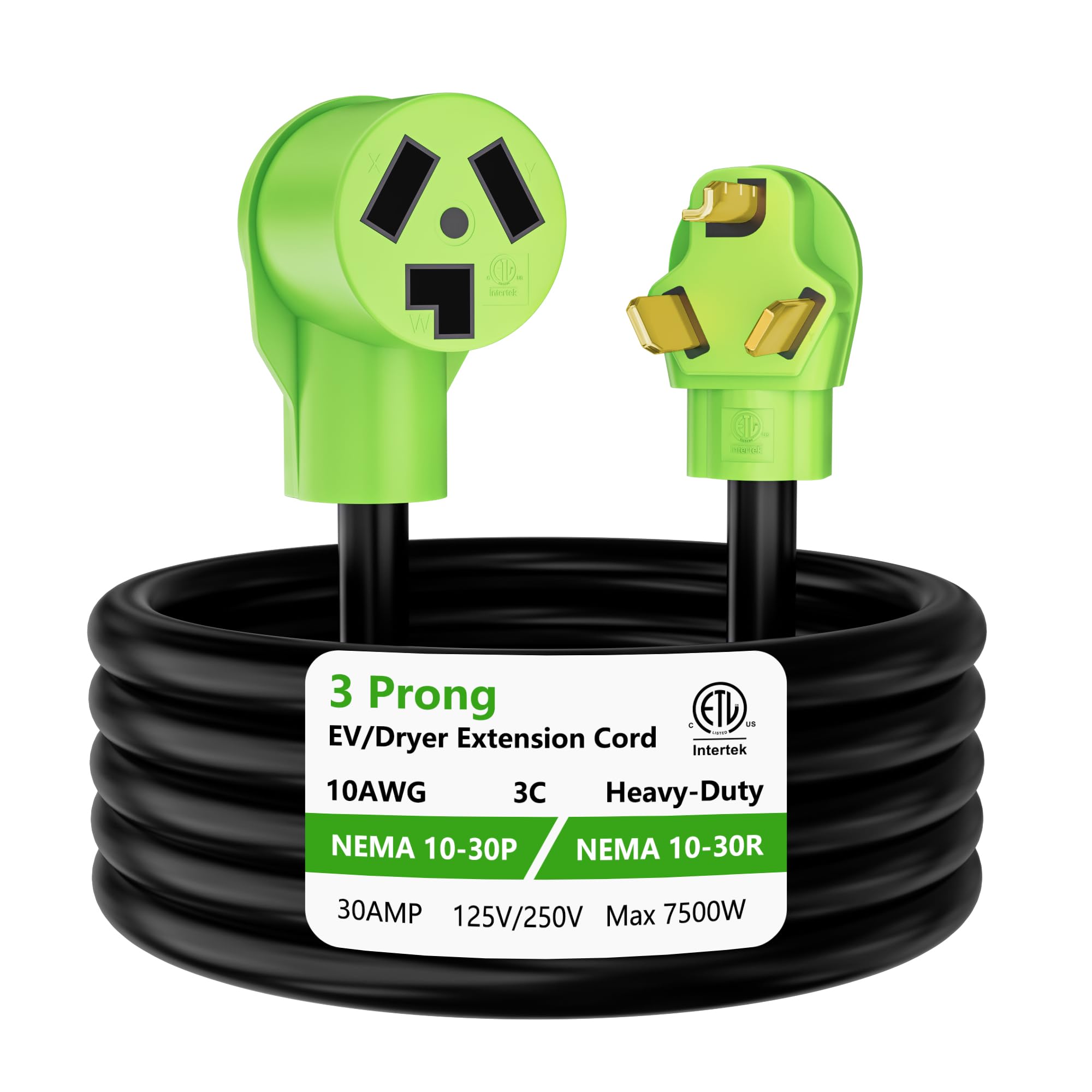 Photo 1 of 3 Prong Dryer Extension Cord 10 FT, NEMA 10-30P to NEMA 10-30R, STW, 10AWG, Heavy Duty Cord, for Dryer Power Extension and Level 2 EV Charging, 30Amp, 250V, 10-AWG Gauge, ETL Listed
