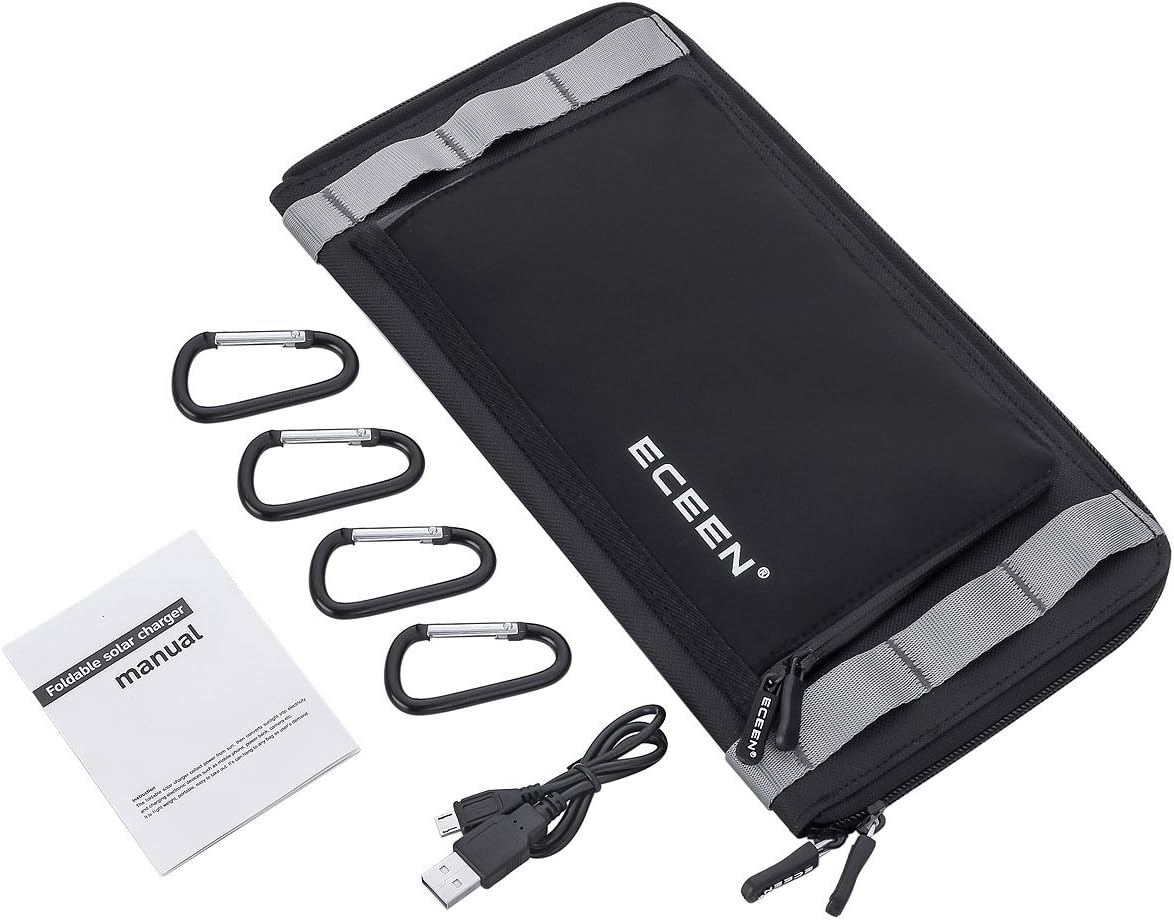 ECEEN Folding Solar Panel Phone Charger With USB Port，Zipper Pack for iPhone, iPad, iPods, Samsung, Android Smartphones Speaker Gopro All 5V USB-Charging Devices (Black)