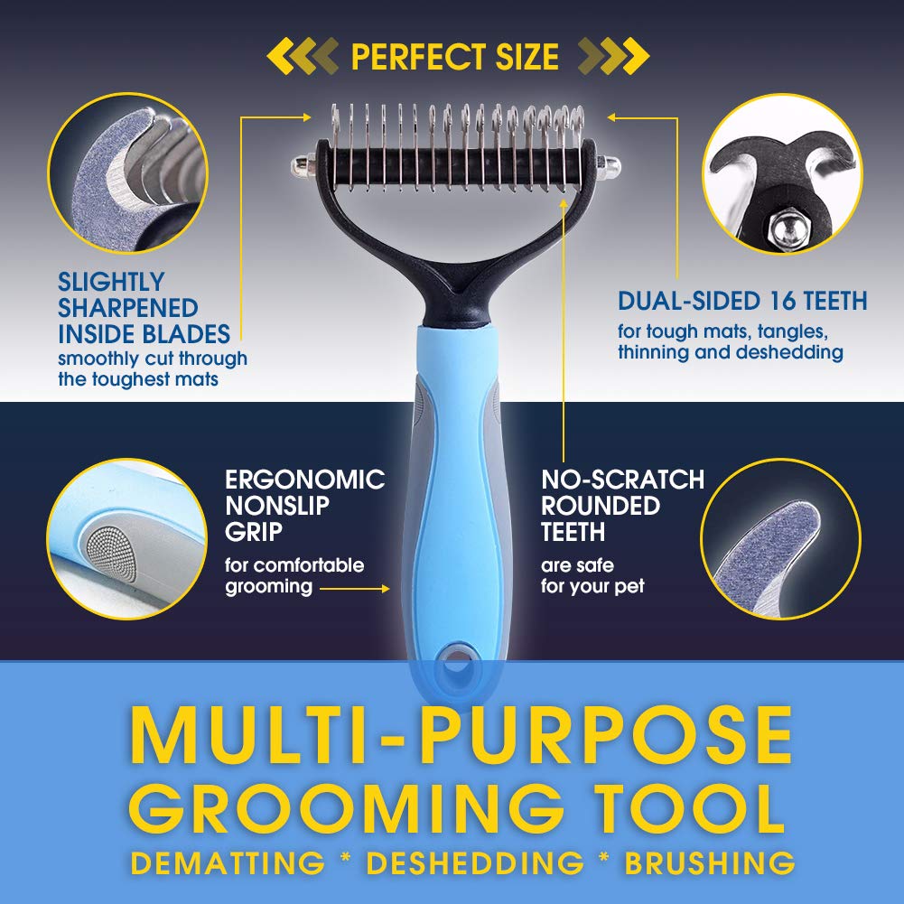 EDUPLINK Pet Grooming Tool 2 Sided Undercoat Rake for Cats & Dogs - Safe Dematting Comb for Easy Mats & Tangles Removing No More Nasty Shedding and Flying Hair Professional Dog & cat Grooming Tool