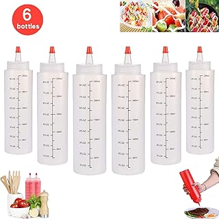 WELLXUNK Squeeze Flasche aus Kunststoff, 6 Stück 250ml Plastik Quetschflasche, Liquid-Flaschen mit Auslaufsicher Tip Cap & Messungen, Aufbewahrungsbehälter für Ketchup/Senf/Mayo/Soßen/Olivenöl