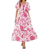 PRETTYGARDEN Women Summer Boho Maxi Dresses 2025 V Neck Puff Short Sleeve A-Line Flowy Tiered Floral Wedding Guest Dress