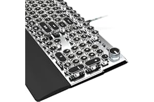 TISHLED Typewriter Keyboard Mechanical Gaming Keyboard White LED Backlit Removable Magnetic Wrist Rest Multifunction Knob 104-Key Anti-Ghosting Black Switch Retro Steampunk Round Keycaps Wired USB