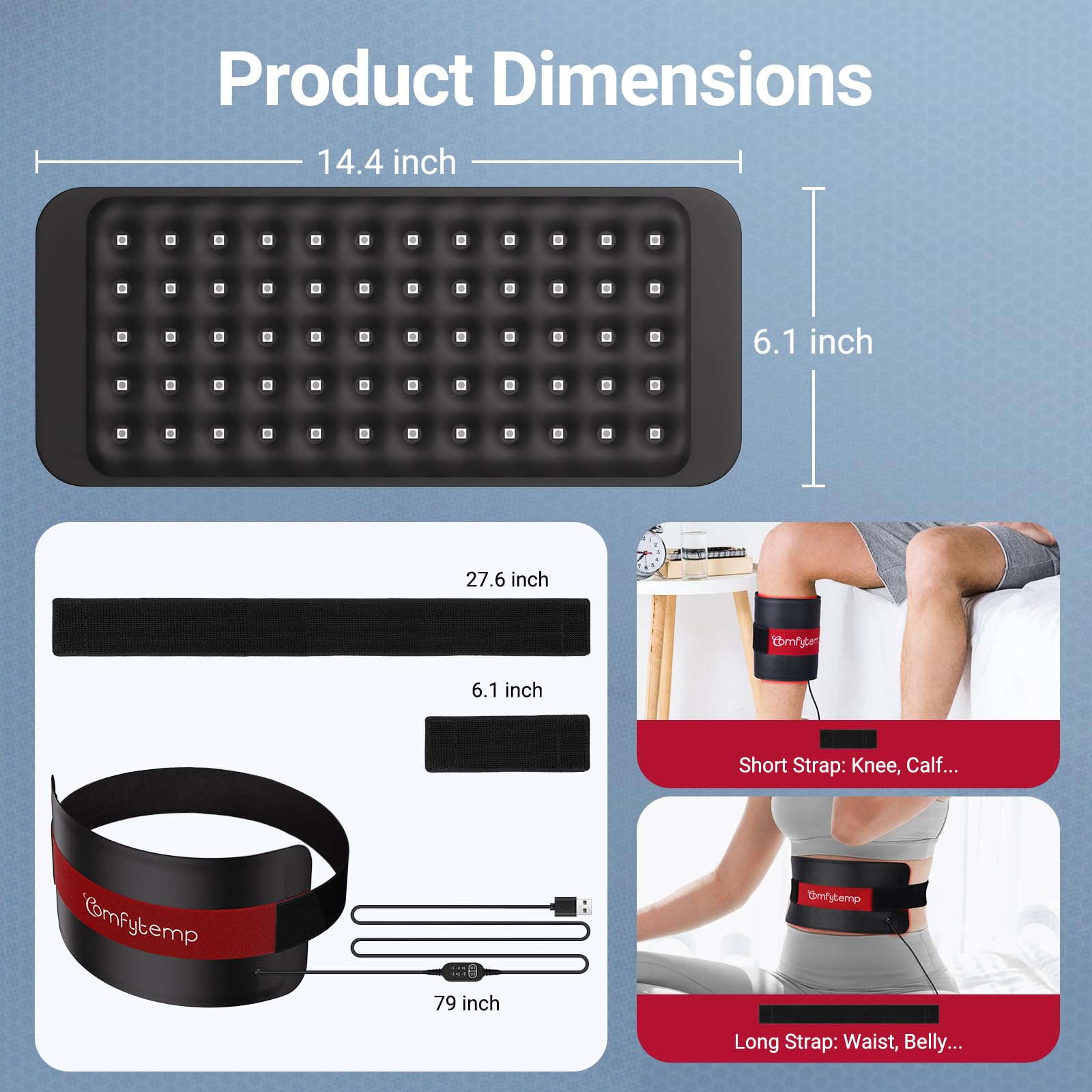 Comfytemp Red Light Therapy for Body, 14.4'' x 6.1'' Near Infrared Light Therapy Wrap with Soft Lycra, FSA Eligible HSA Flexible Light Pad for Back Waist Belly Knee Joint Muscle Pain Relief (Corded)