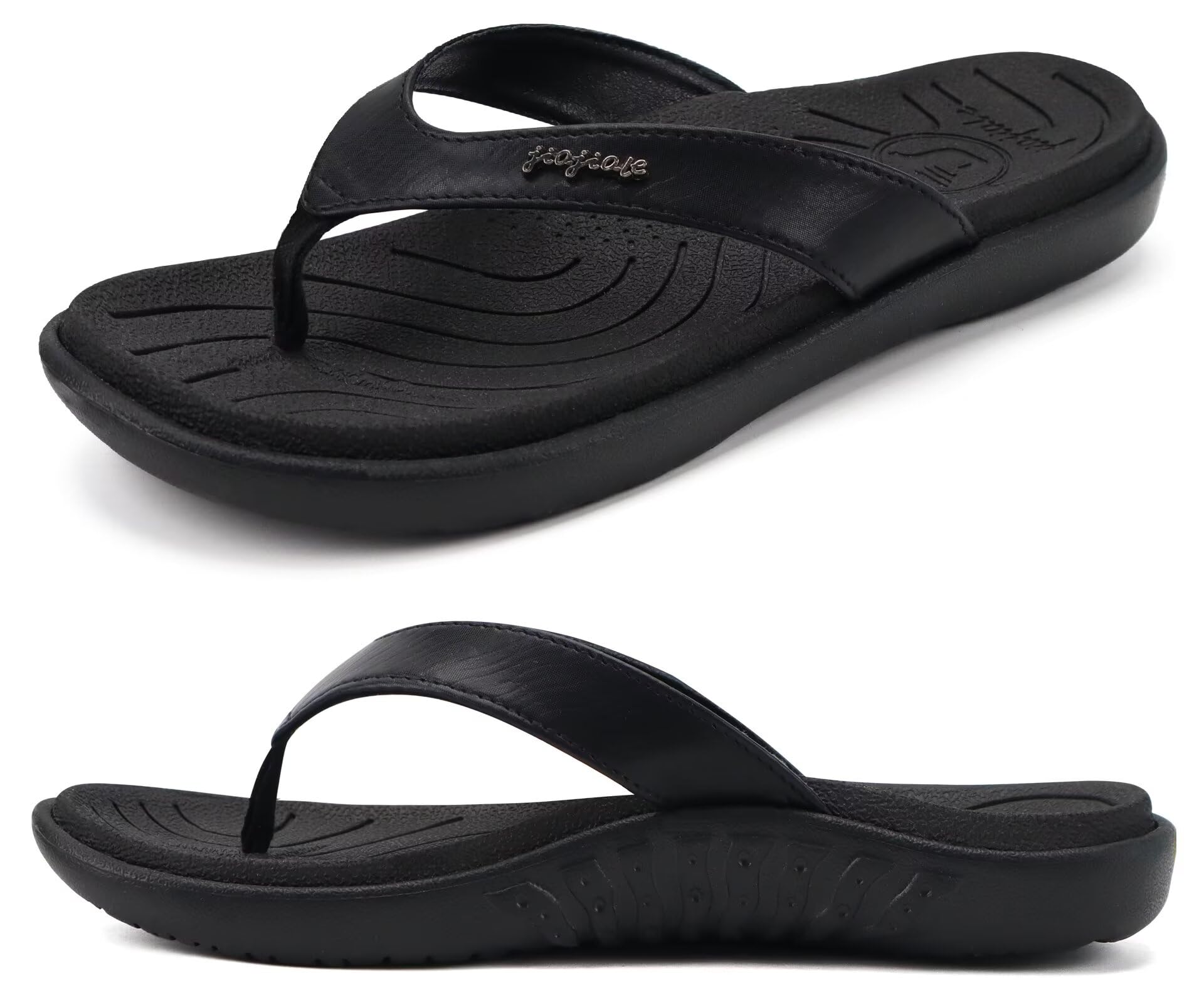 jiajiale Flip Flops Damen Mode Orthopädische Leder Stoff Leicht Zehentrenner Frauen Bequeme Yoga Fußbett Badelatschen Sommer Strand Rutschfest Feste Gummi Sohle Schwarz EU39