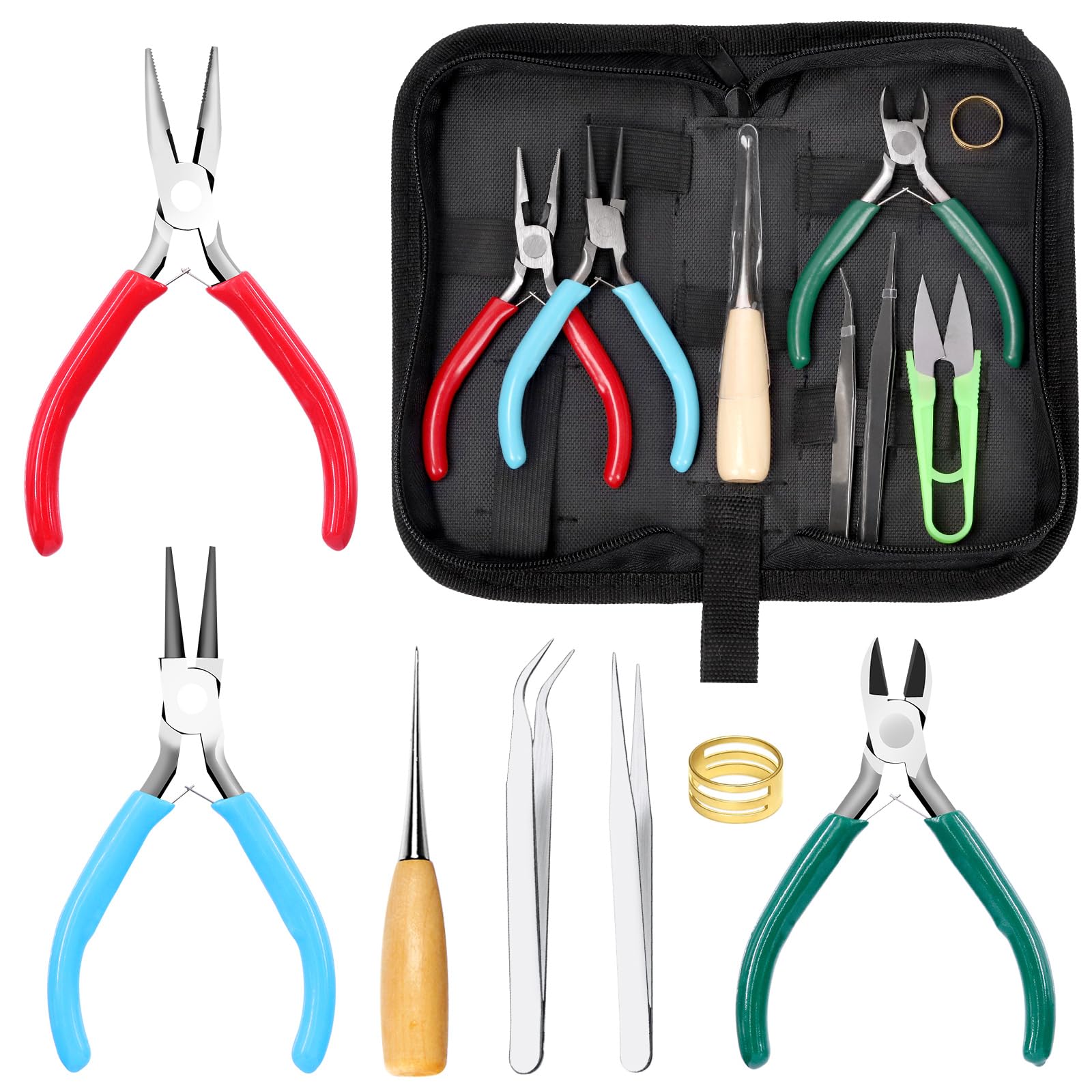 Keadic 8Pcs Jewelry Pliers Set - 4.5" Round Nose, Wire Cutting, Chain Nose Pliers With Tweezers, Jump Ring Opener for Jewelry Making, Wire Wrapping, Beading