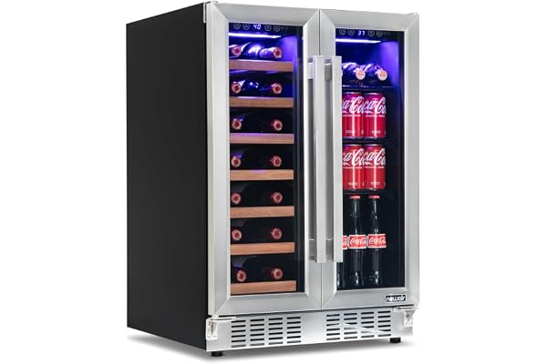 NewAir 24" Dual Zone Beverage Refrigerator & Wine Cooler for 20 Bottles & 78 Cans | Freestanding or Built-In Under Counter Mini Fridge for Beer, Wine and Soda | Stainless Steel