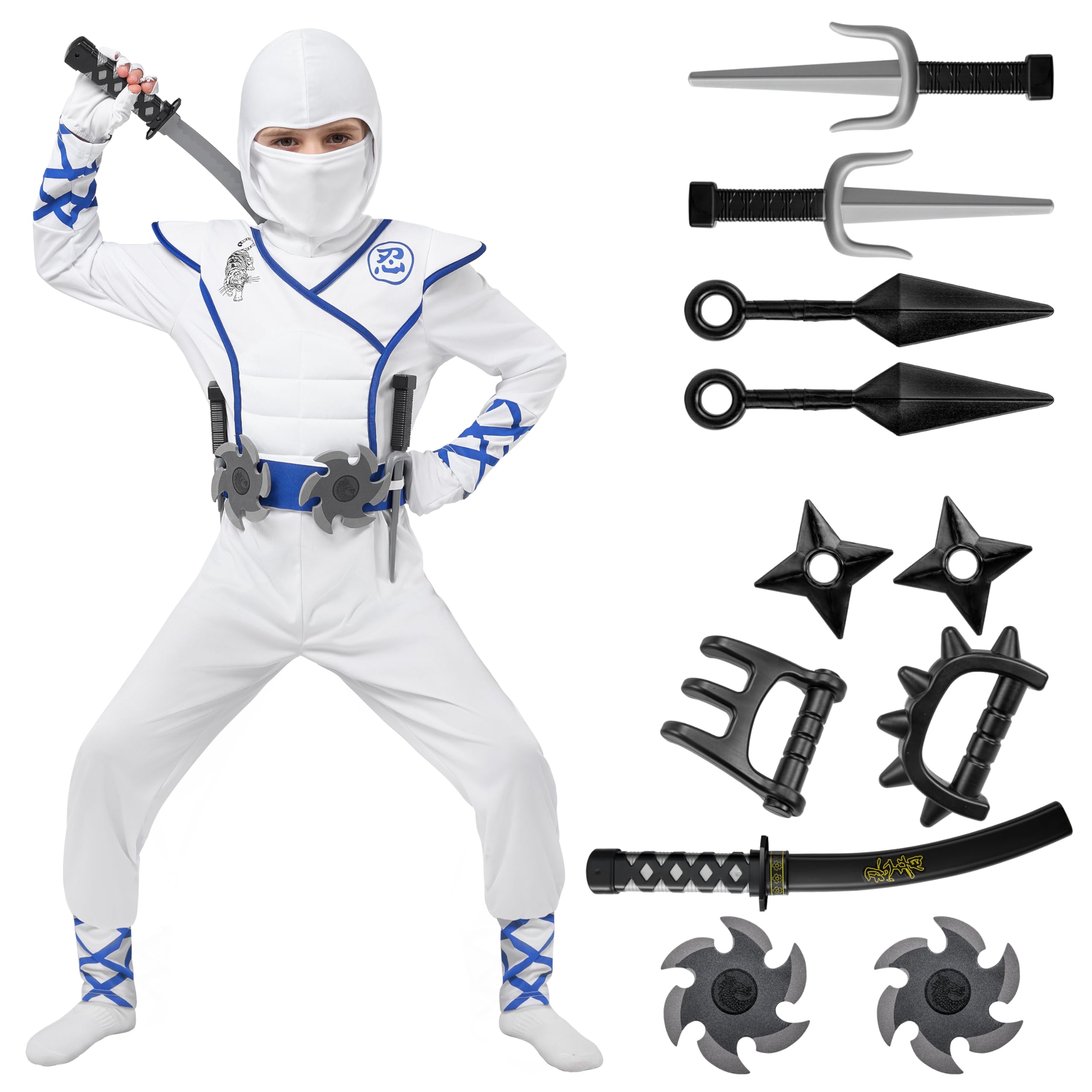 Spooktacular Creations Halloween Ninja Costume, White Ninja Outfit Set for Kids, Halloween Costumes with Accessories for Boys Dress Up and Role Play Party (Medium, 8-10 yrs)
