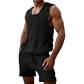 FEOYA Men Crochet 2 Piece Outfits Mesh Sheer Tank and Shorts Summer Fishnet Shorts Set for Beach Casual