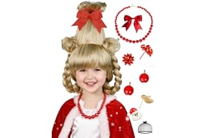 Half and Half Kids Christmas Cindy Wig Blonde Double Braids Wig with Red Bow-kot + Necklace + Earrings + Wig Cap for Girls Child Toddler Costumes Halloween