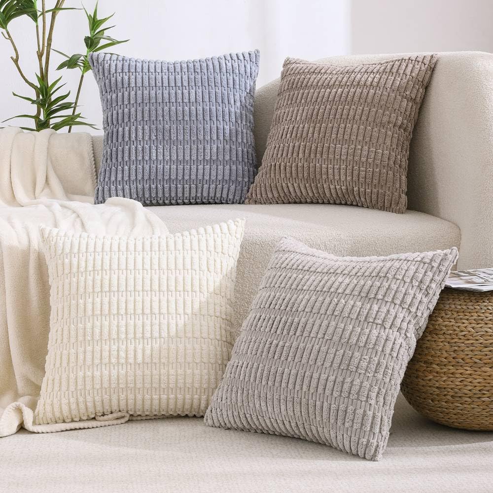 Photo 1 of All Smiles Couch Decorative Throw Pillow Covers 18x18 Set of 4 Neutral Winter Farmhouse Rustic Boho Home Decor Soft Plush Striped Corduroy Square Cushion Case for Living Room Bed SOFE
