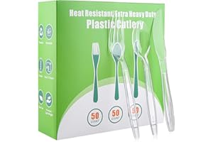 FASCRYLA 150PCS Clear Plastic Silverware Extra Heavy Duty Disposable Cutlery Set 50 Forks 50 Spoons 50 Knives BPA-Free Heat Resistant Disposable Plastic Utensils Set for Party Wedding Everyday Use