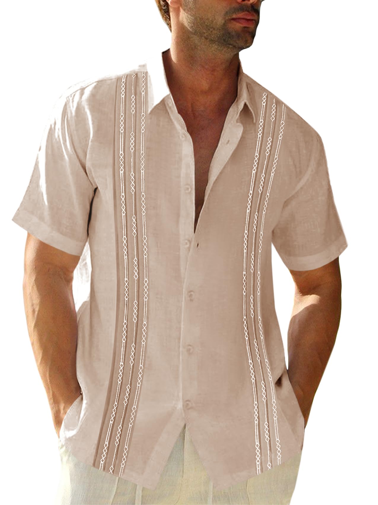 Photo 1 of Runcati Mens Short Sleeve Guayabera Shirts Linen Cotton Button Down Mexican Embroidered Cuban Wedding Shirt Summer Beach Tops