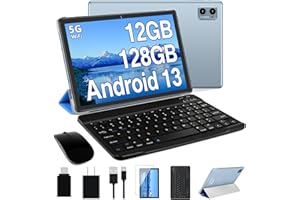 Oangcc Android 13 Tablet 2023 Newest 10 Inch Tablets with 12GB RAM +128GB ROM +1TB Expanded Octa-Core, 2 in 1 Tablet with Keyboard Mouse 5G WiFi Bluetooth GMS Certified GPS - Blue