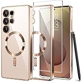 Magnetic Case Compatible with Samsung Galaxy S25 Ultra,Compatible with MagSafe,[Full Camera Protection][Screen Protector] Shockproof Plating Clear Phone Cover for Galaxy S25 Ultra(Rose Gold/Clear)