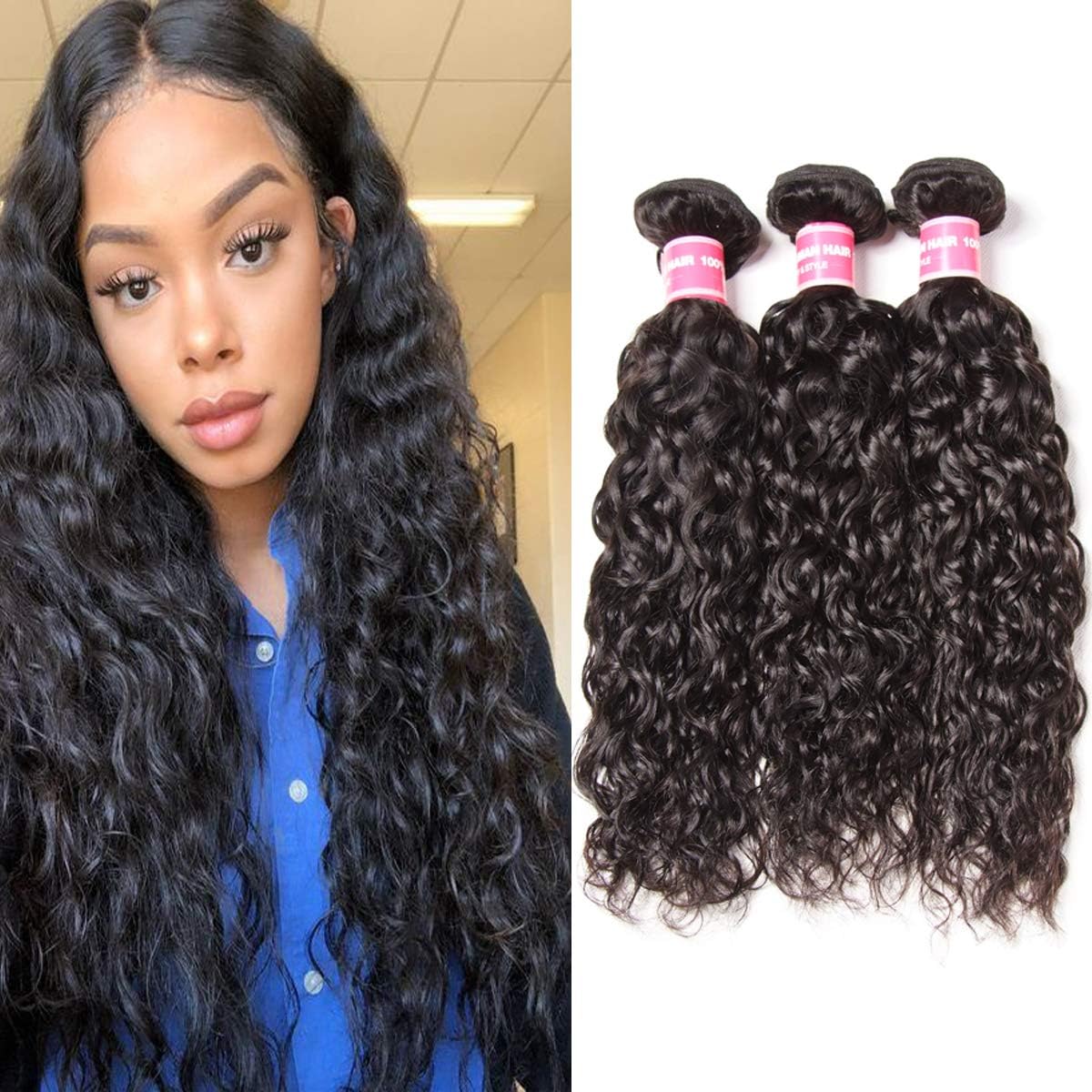 Longqibeauty Brazilian Water Wave Virgin Hair 3 Bundles Remy Human Hair Weave Double Weft 300g Natural Color (14 16 18 Inches)