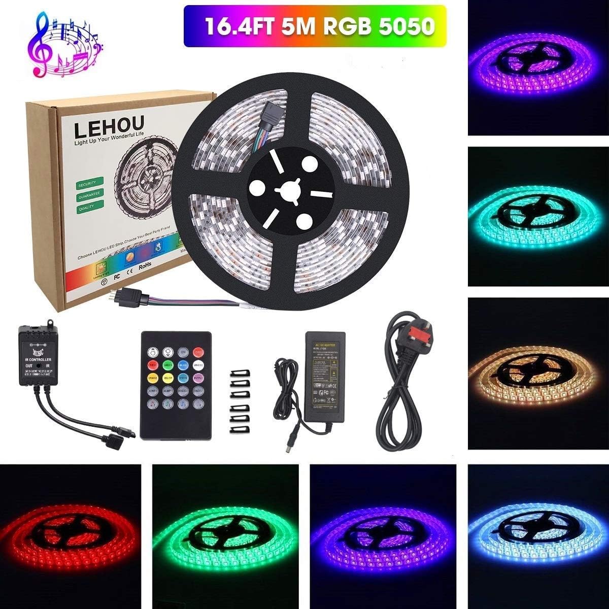 Waterproof Led Strip Lights, LEHOU 16.4Ft/5M Music Light RGB Flexible Color Changing Lights with 20Key Music Controller+12V/6A Power Supply for Indoor/Outdoor Kitchen,Bedroom,Home Lighting