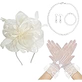 Tea Party Hat Fascinators Headband and Gloves Pearl Set for Women Tea Party Halloween Cocktail Wedding