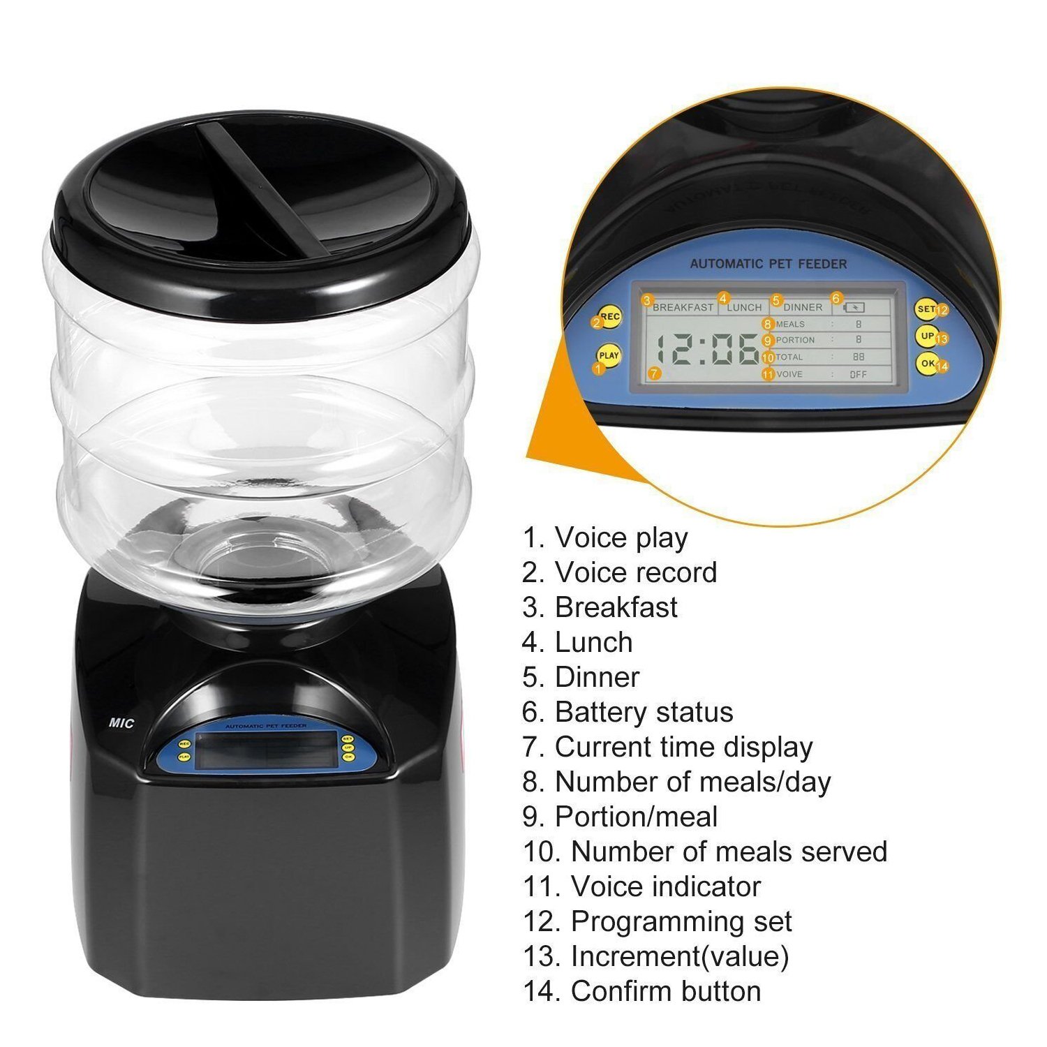 5.5L Automatic Pet Feeder Food Dispenser with Voice Recorder & Timer, High Capacity Portion Control, Electric Dog Dry Food Dispenser Bowl with Digital LCD Control Panel