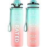 QLUR Water Bottle with Straw, 32oz Motivational Water Bottles with Time Marker to Drink, Tritan BPA Free, 1L Sports Water Bottle with Carry Strap LeakProof for Women Gym Fitness Outdoor (1 Pack)