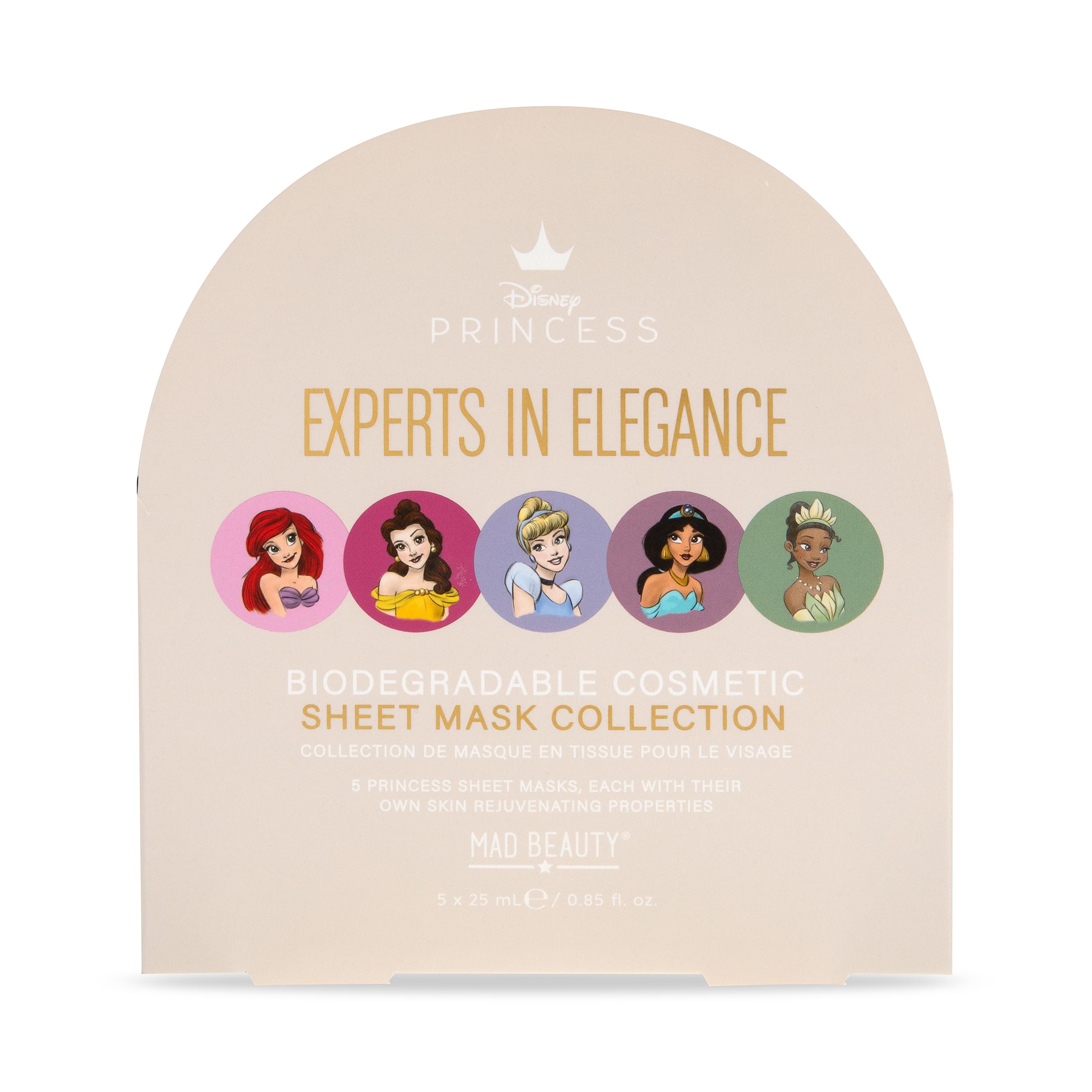 Disney Princess Face Mask Set 5-pack | MAD BEAUTY | Tiana, Belle, Jasmine, Cinderella, Ariel | Green Tea, Pomegranate, Coconut, Lavender, Cucumber | Fun Gift for Women