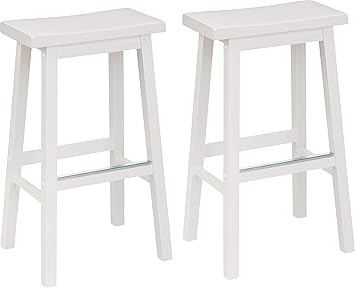 AmazonBasics Classic Solid Wood Saddle-Seat Kitchen Counter Stool with Foot Plate 29 Inch, White, Set of 2