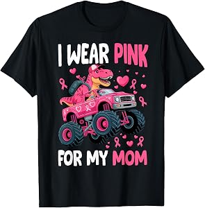 I Wear Pink for My Mom Breast Cancer Monster Truck Boy Kids T-Shirt