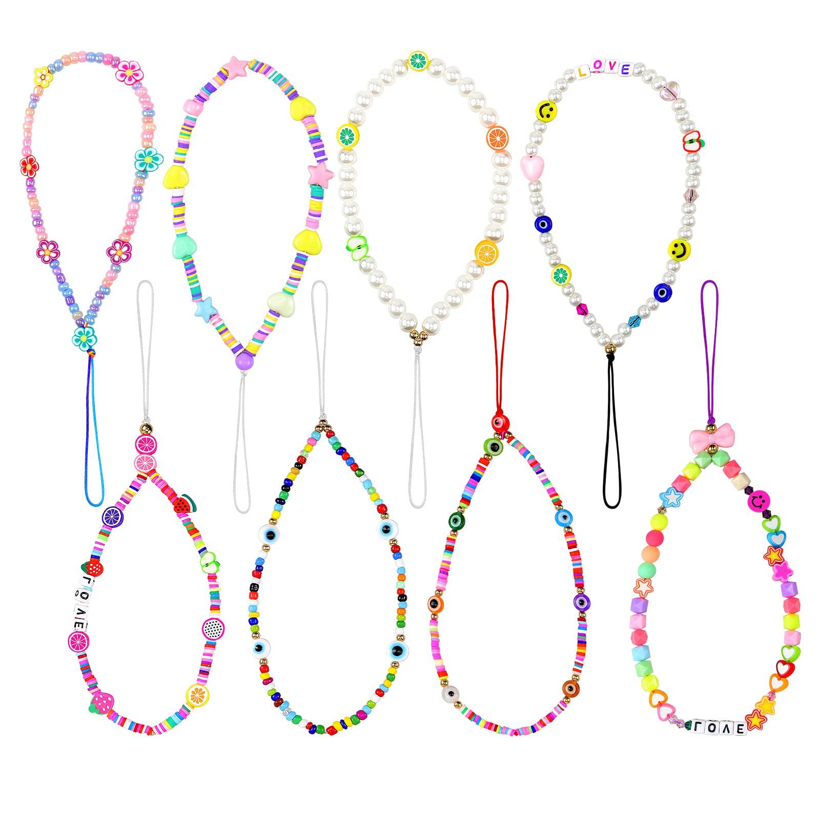 Homgaty 8Pcs Colourful Beaded Phone Charm Strap Y2k Beaded Phone Lanyard Wrist Strap, Anti-Lost Phone String Handmade Acrylic Beads Phone Chain Lanyard for Women Girls (With 16pcs Replacement Rope)