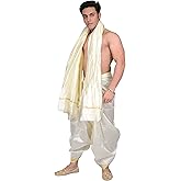 Cream Dhoti and Angavastram with Golden Woven Border, Self Draped - Art Silk