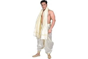 EXOTIC INDIA Cream Dhoti and Angavastram with Golden Woven Border, Self Draped - Art Silk