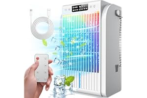 FOSVILL Portable Air Conditioners Fan,Portable AC Unit With 1500ML Water Tank,4-IN-1 Evaporative Air Cooler with Remote Control 7 Color Light Personal Mini Air Conditioner Portable for Room Office (White)