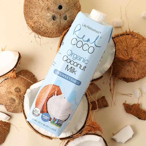 REAL COCO ORGANIC ORIGINAL COCONUT MILK BEVERAGE (6-PACK 1L), USDA ORGANIC, NO-ADDED SUGAR, PLANT BASED, DAIRY & SOY FREE, VEGAN, KETO AND PALEO FRIENDLY