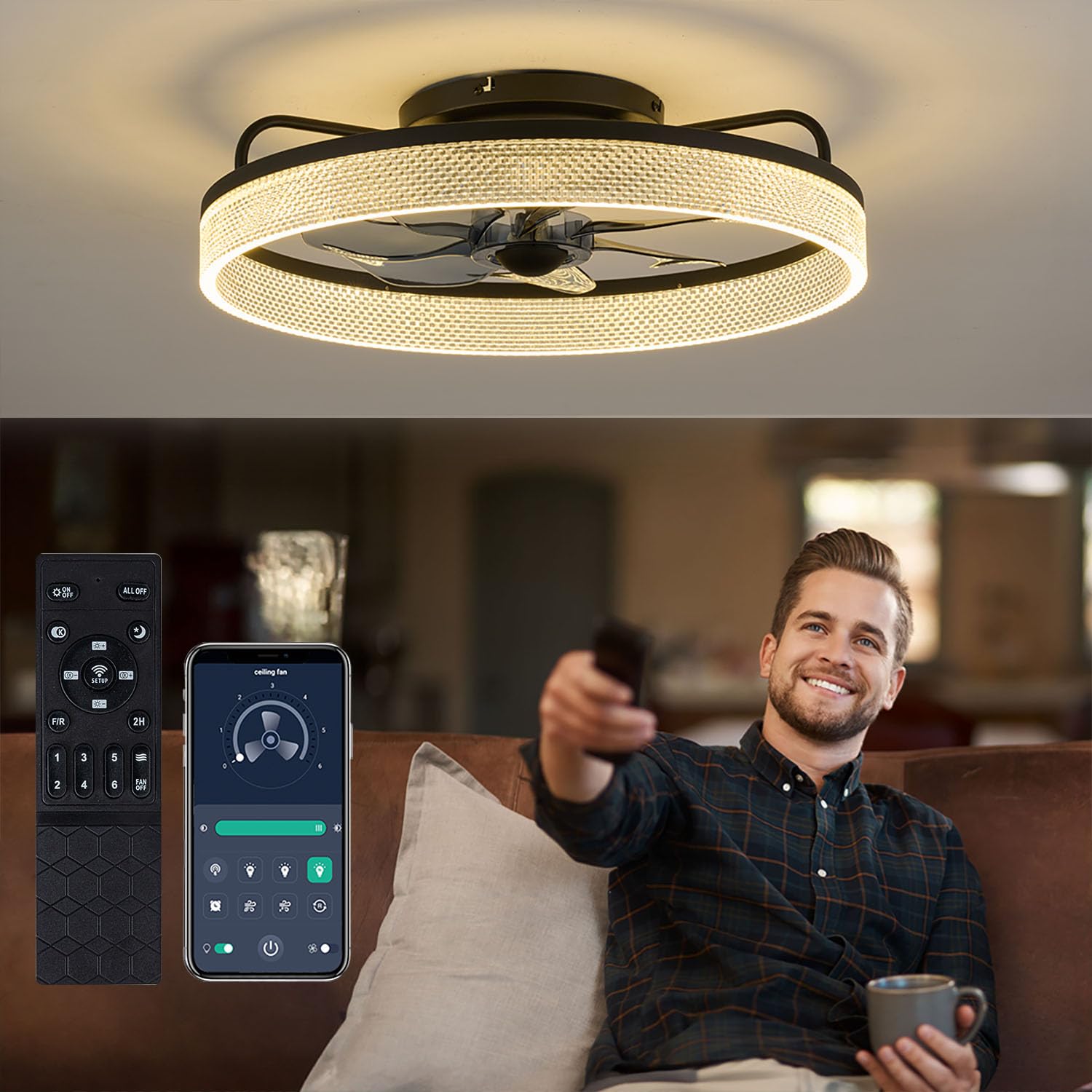 Photo 1 of zouzai Ceiling Fans with Lights, 20" Flush Mount Ceiling Fan with Remote & APP Control, Black Low Profile Ceiling Fan with 6 Wind Speeds