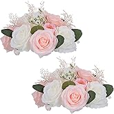 NUPTIO Flower Centerpieces for Tables Decorations: Pink & White Artificial Rose Floral Arrangement for Wedding Party Centerpiece Decor 9.4 Inch Diameter 2 Pcs