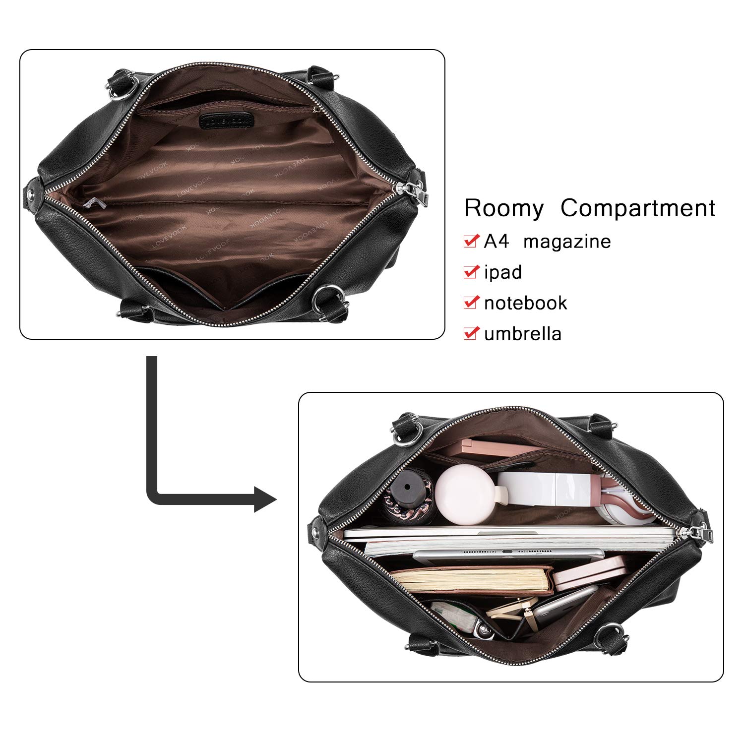 LOVEVOOK Damen Handtasche Schwarz Lederimitat Tasche Damen Umhängetasche Damen Boston Taschen Groß Damen Hobo Taschen für Einkaufen Reisen Täglicher Gebrauch - Schwarz