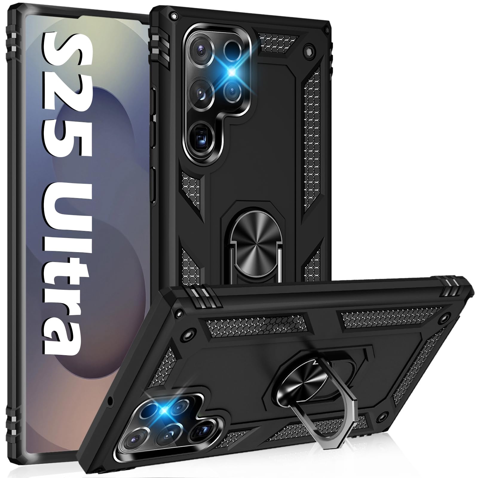 Photo 1 of Heavy Duty Case for Samsung Galaxy S25 Ultra Phone Case with Metal Ring Magnetic Kickstand, Military Grade Shockproof Rugged Protective Cover for Samsung S25 Ultra 5G Cell Phone Cover Shell (Black)