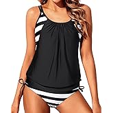 Yonique Tankini Swimsuits for Women Blouson Swim Tops with Bikini Bottoms Athletic Two Piece Bathing Suits Double Up Swimwear
