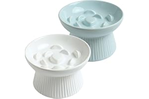LE SERVETA 2 Pack Ceramic Slow Feeder Cat Bowl, Raised Puzzle Feeder, Anti-Vomiting, Elevated Food Bowl, Whisker Friendly (White, Blue)