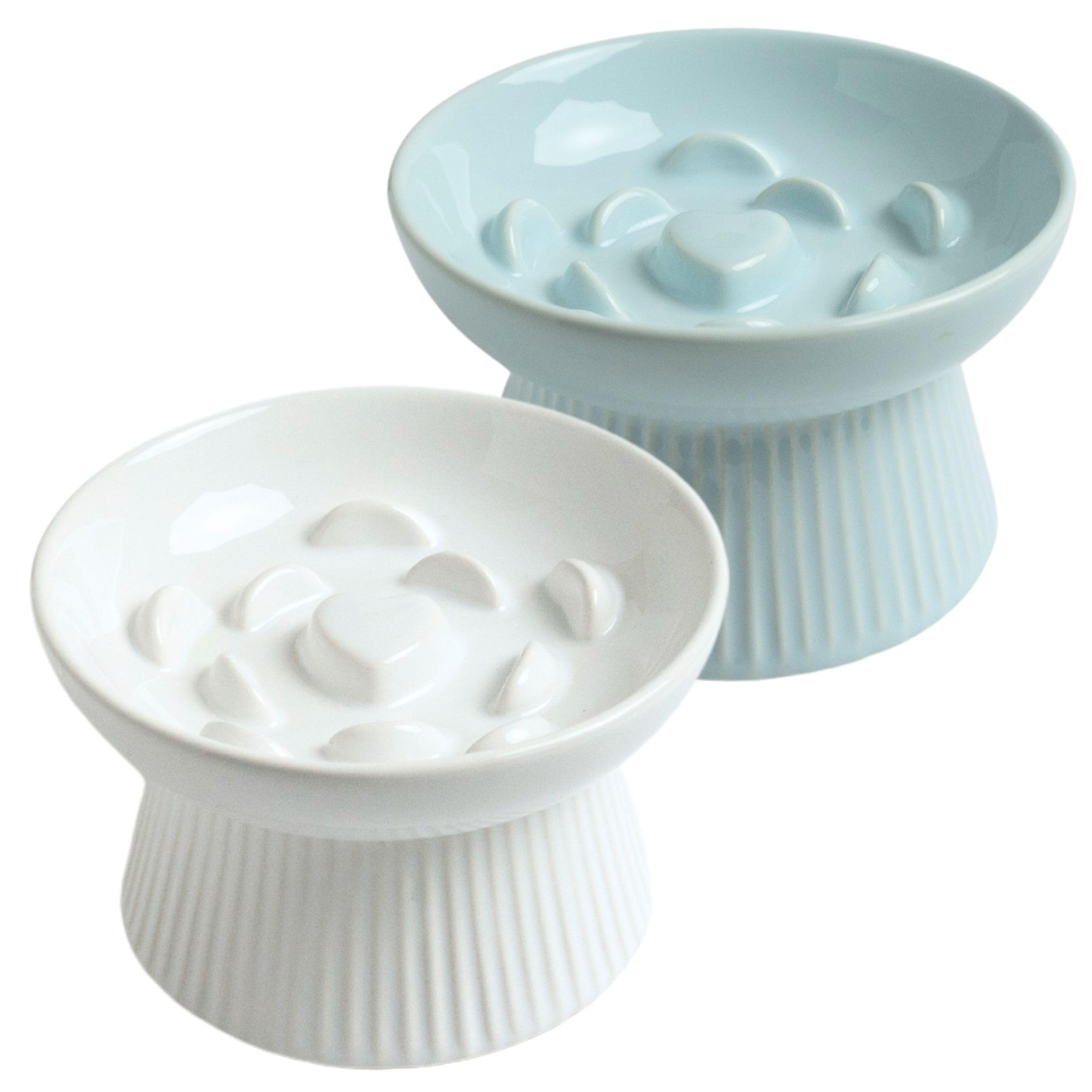 Photo 1 of LE SERVETA 2 Pack Ceramic Slow Feeder Cat Bowl, Raised Puzzle Feeder, Anti-Vomiting, Elevated Food Bowl, Whisker Friendly (White, Blue)