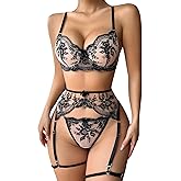 Lilosy Sexy Floral Embroidery Mesh Sheer Underwire Push Up Garter Belt Lingerie Set 3 Piece