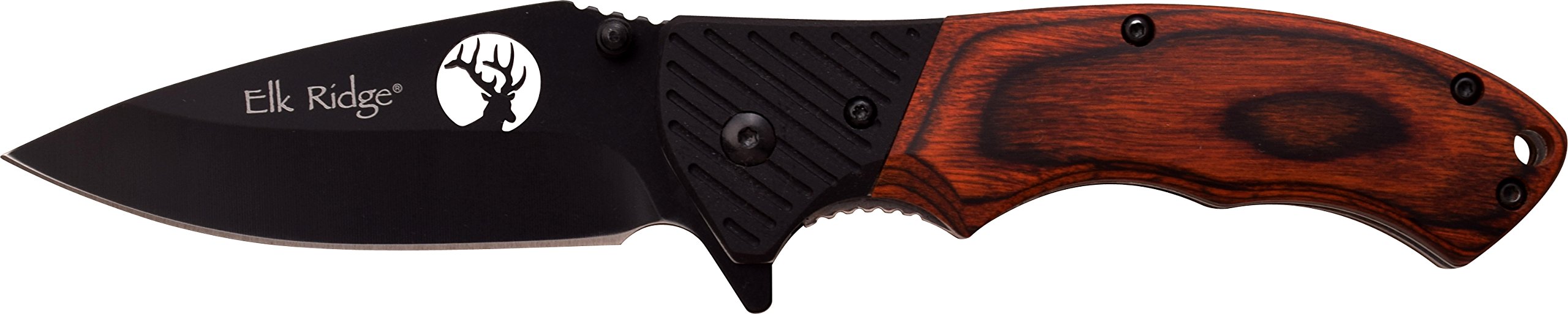 Elk Ridge - Cuchillo plegable - 4.5 pulgadas cerrado, hoja de acero inoxidable negro de 3.25 pulgadas, mango de madera marrón con refuerzo negro G10, clip de bolsillo, caza, camping, supervivencia, EDC