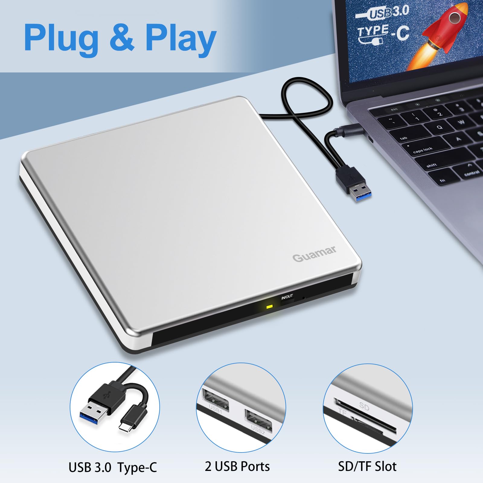 Guamar External CD Drive for Mac: Portable Slim DVD Burner for Laptop PC Windows with SD/TF Slot 2 USB Ports - Plug & Play USB-C Superdrive for MacBook High-Speed Read Write (Silver)